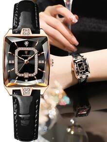 POEDAGAR 1pc Elegant Women's PU Leather Strap Date Quartz Watches, Square Rhinestone Dial, Fashion Waterproof Luminous Watch For Daily Occasions, Women's Gift - one-size - View 12