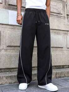 Black & Grey Colorblock Techwear Cargo Pants For Men, Elastic Drawstring Waist, White Trim Hem Design, Small Logo Print, Loose Straight Leg Wide Leg Pants, Versatile For Daily Wear And Sports, Unisex - Black - View 2