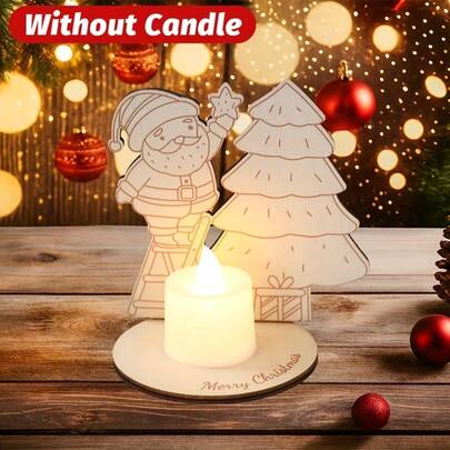 1pc Classic Wooden Candle Holder With Santa Claus And Christmas Tree Design, Home Desktop Decor, No Electricity Needed, Perfect For Holiday Celebrations, Christmas Tree Candle Holder, Christmas Candle Holder, Christmas Tree Stand