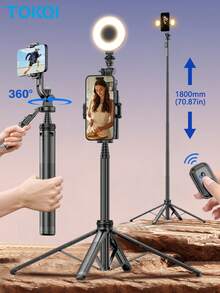 TOKQI 180cm/70.87in Aluminum Alloy Selfie Stick Tripod With Bluetooth Remote Control Rotating Phone Holder, Multi-Function Extendable Phone Stand, Optional Fill Light, Compatible With IOS And Android Smartphones, Suitable For Summer Vacation, Travel, Outdoor Activities, Live Streaming - one-size - View 2