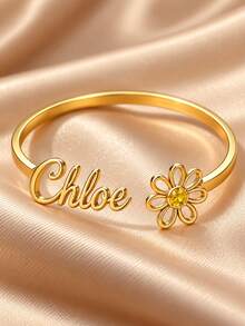 [ZzAi Custom]Personalized Sunflower Birthstone Bracelet, Customizable Birthstone Color And Name, Open Cuff Bracelet, Stainless Steel Material, Never Fade, Comes With Gift Box, Perfect As Daily Gift - Sunflower - View 5