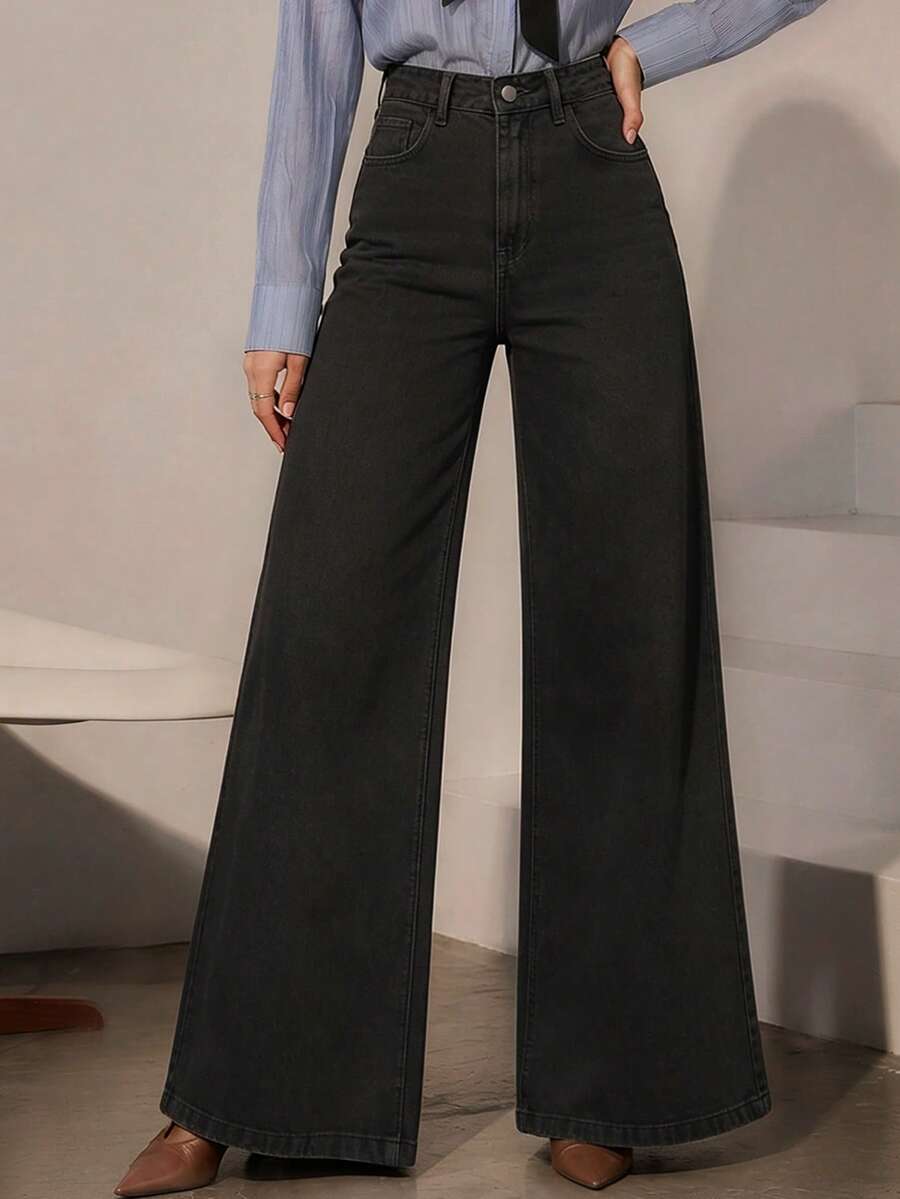 Women's Casual Daily Denim Wide Leg Pants With Pockets And Buttons