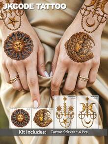 JKCODE TATTOO 4pcs Realistic 3D Sun Moon Star Temporary Tattoo Stickers, Fashion Hand Tattoo Stickers, Rococo Style Waterproof Women's Colorful Printed Tattoo Stickers, Simple Washable Party Tattoo Stickers, Lasts 3-5 Days - Multicolor - View 8