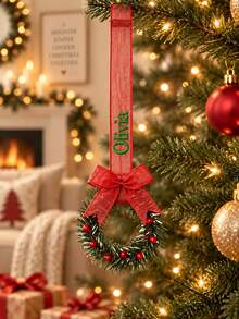 1pc Custom Text Wreath Ribbon Hanging Ornament, Bow & Berry Detail Embroidered Christmas Decor, 5 Style Alternatives, Holiday Tree & Tabletop Display, Thoughtful Gift For Friends And Housewarming Recipient - Multicolor - View 3