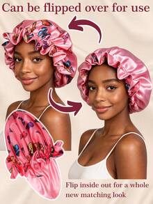 1pc Reversible Double Layer Satin Hair Bonnet For Women, Colorful Butterfly Print Ruffled Trim Sleep Cap, Silky Protective Night Natural Hair - Lace Hat - View 2