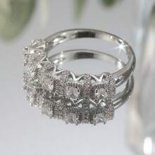 Set Cincin Tumpuk Mewah 2 Buah dari Tembaga, Zirkonia Kubik Sintetis Berkilau, Cocok untuk Pesta Pernikahan, dan Hadiah Liburan. - Perak - View 4