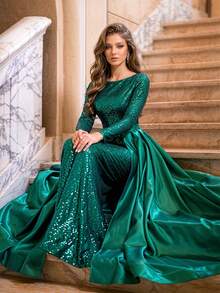 Romagic Boat Neck Geometric Pattern Conservative Party Dress For Mature Women With Back Tie Detachable Skirt Formal Evening Party Autumn Fall Winter - Green - View 2
