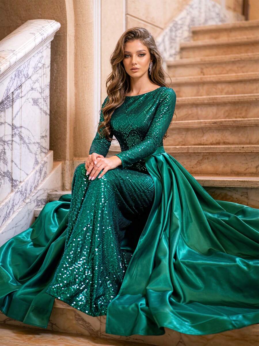 Romagic Boat Neck Geometric Pattern Conservative Party Dress For Mature Women With Back Tie Detachable Skirt Formal Evening Party Autumn Fall Winter - Green - View 1