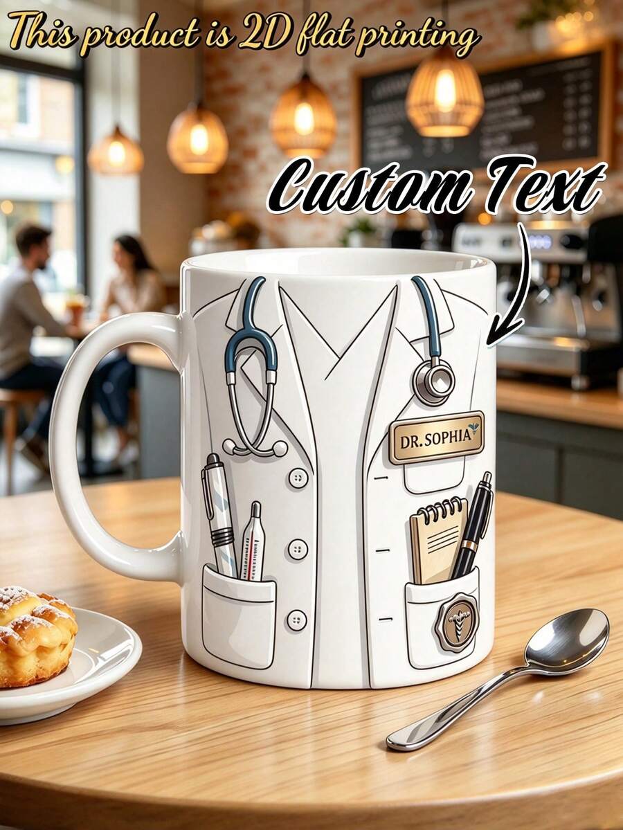 Customized 2D Ceramic Mug - Personalized Doctor Outfit Design And Name Customization. Suitable For Male Doctor's Coffee Cup - Add Your Own Logo, Photo And Text. Ideal Personalized Gift For Christmas, Thanksgiving, Birthday And Various Holiday Celebrations