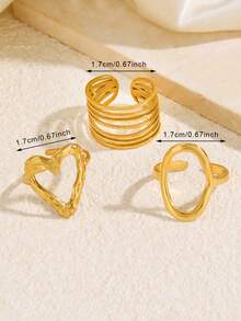 3pcs Stainless Steel Gold Color Personalized Elegant Minimalist Elegant Geometric Oval Line Heart Ring Set Suitable For Women Daily Wear, Festivals And Parties - Multicolor - View 7
