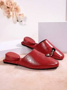 Women's Mule Half-Toe Shoes, Raised Asymmetrical Upper With Low Square Heel, Slip-On Slides, Niche Design For Commute And Party - Red - View 2