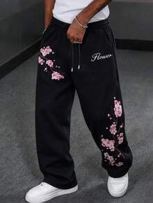 Men's Elastic Drawstring Waist Wide Leg Drape Fit Sweatpants With Pink Plum Blossom 3D Embroidery, American Street Style Casual Long Pants For Daily Wear, Dating, Autumn Versatile - Black - View 1