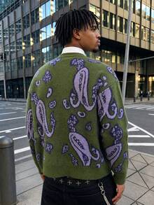 ANDREILEE Men's Streetwear College Style Fashion Casual Color Block Striped Fuzzy Distressed Crew Neck Long Sleeve Loose Knit Sweater Autumn/Winter - Dark Green - View 4