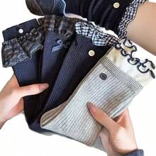 Random 1 Pair Cute Girly Plaid Lace Trim Mid-Calf Socks, Versatile Autumn/Winter Style - Multicolor - View 10