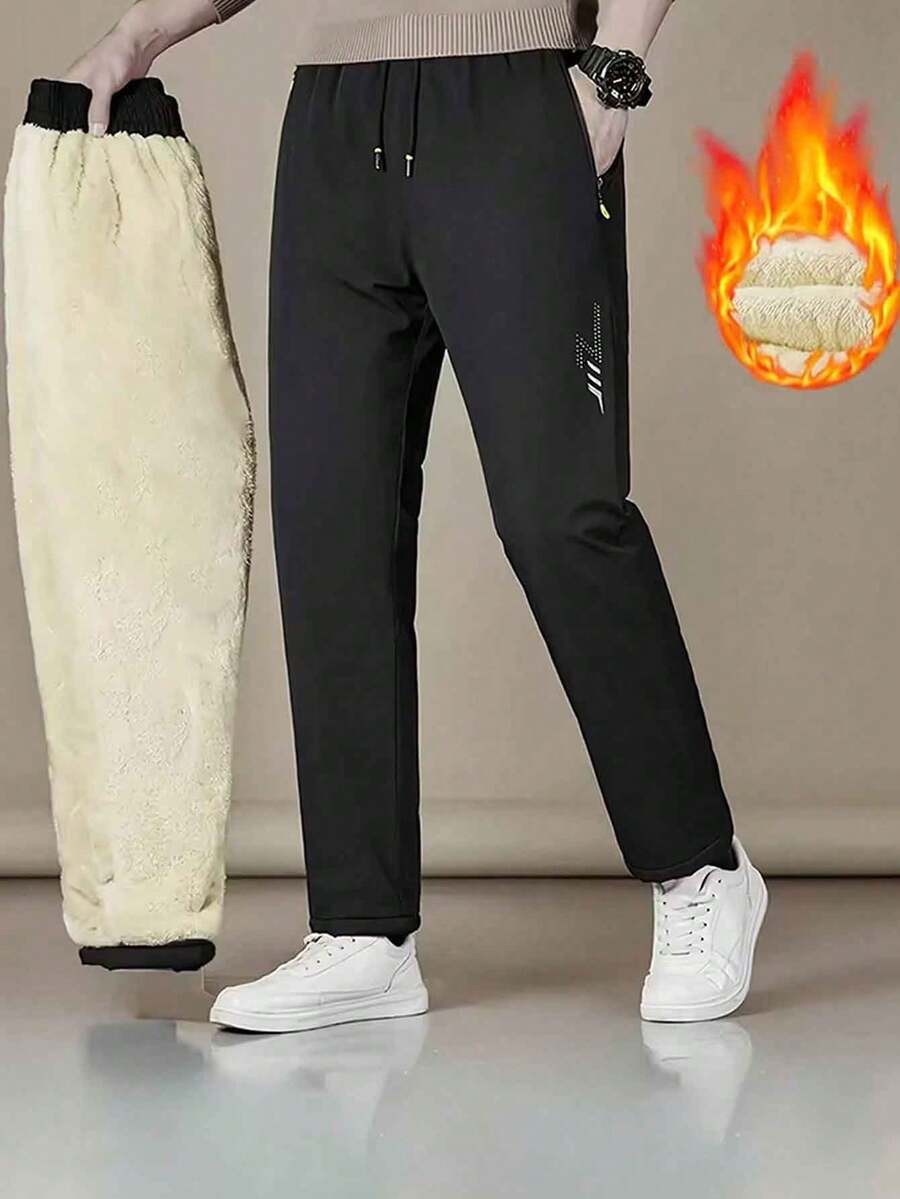 Men's Winter Thickened Warm Straight Leg Pants, With Thick Wool Lining, Drawstring And Zipper Pockets, Printed Design, Suitable For Cold Weather Wear - Black - View 1