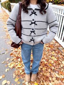 Women's Bow Detail Knit Cardigan, Striped Wide Collar Loose Fit Sweater Top, Suitable For Daily Wear And Holiday Outfits - Baby Blue - View 3