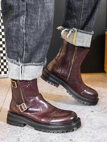 Vintage Rivet Motorcycle Boots For Men, Double Buckle Design With Side Zipper, Thick Sole Short Shaft Boots, Street Workwear Boots, Fashion Chelsea Boots - Brown - View 6