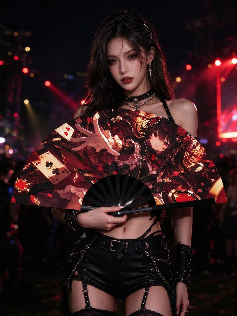大號折疊手扇 撲克骷髏動漫印花拍扇 哥德風嘉年華派對節日手持扇 萬聖節 Cosplay 拍照道具 夏季涼感裝飾扇 - 多色1 - 查看 1