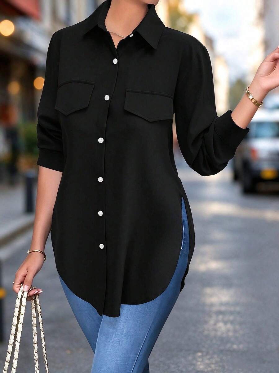 Fashion Women Side Slit Hem Fake Pocket Casual Shirt Black Spring