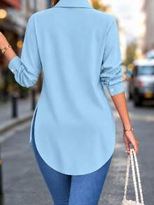 Women's Fashion Side Slit Hem Faux Pocket Casual Blouse Spring - Blue - View 3