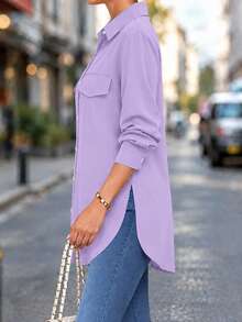 Women's Fashion Side Slit Hem Fake Pocket Casual Shirt Spring - Purple - View 4