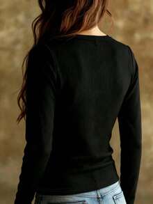 Women's Autumn/Winter Sexy Style Mesh Patchwork V-Neck Ribbed Long Sleeve Top, Slim Fit Flattering Elastic Knit T-Shirt, Solid Color Black - Black - View 4
