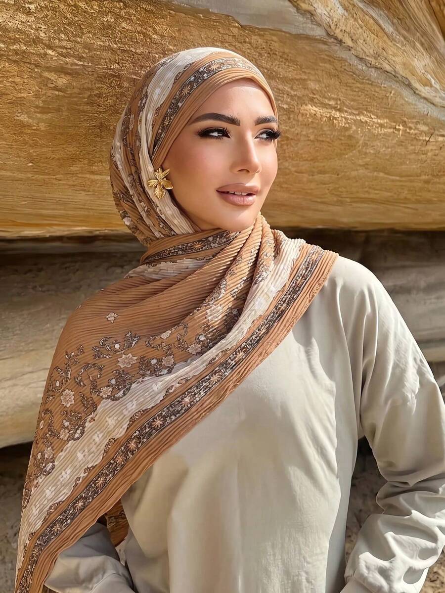 1pc Fashion Floral Print Crinkled Women's Long Scarf, Breathable Outdoor Headscarf, Spring/Summer Shawl, Daily Outfit Accessory, Birthday Gift - Multicolor - View 1