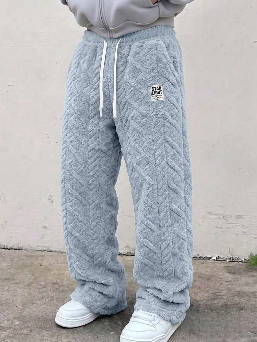 Men's Casual Sports Fleece Lounge Pants, Straight Leg, Drawstring Waist, Polyester Material, Casual Long Pants, Available In Multiple Colors, Unisex - Baby Blue - View 1