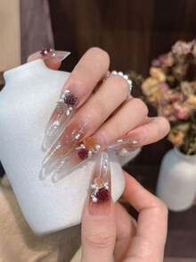 100pcs Fall, Autumn, Fall Nails Vintage Rose Nail Art! Transparent 3D Rose Flower Decor With Pearl Accents, Suitable For Autumn Nail Decoration - Multicolor - View 2