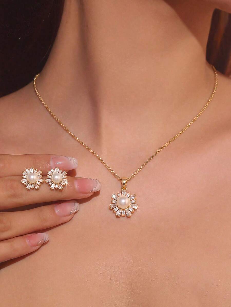3pcs/Set Gentle Gradient Cubic Zirconia Surrounded Faux Pearl Sunflower Pendant Necklace & Earrings Set, Suitable For Women's Daily Commute Wear