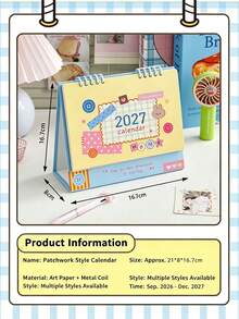 2027 Collage Style Desktop Calendar, Dopamine Color Palette Spiral Monthly Planner With Memo Area, Thickened Art Paper Desktop Stationery Decor, 4 Cute Cartoon Pattern Student Office Desk Ornament - September 2026 – December 2027 - View 4