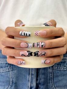 10pcs/Set Y2K Nails Handmade, Cute Nails, Pink Nails, 3D Kitten Pattern Nails & Piano Nails, Stripe Nails, Perfect For Parties & Daily Wear. Short Square Nails. Handmade Press On Nails Square, Fake Nails, Acrylic Nails, Handmade Nails, Fall Nails - Multicolor - View 2