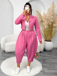 Fashion Pink Women's Suit Set, Short Lapel Blazer With Pleated Harem Pants, Regular Sleeves, Autumn Party 2 Pieces Set, Suitable For Daily, Commute, Holiday Fashion Occasions - Pink - View 6