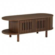 طاولة قهوة 100*40*38 سم مصنوعة من MDF، طاولة غرفة معيشة بيضاوية مع 2 باب شرائح وباب قابل للطي، أرجل من الخشب الصلب، سعة تحميل تصل إلى 30 كجم، طاولة قهوة مع تخزين لغرفة المعيشة، لون الجوز - لون خشب الجوز - مشاهدة 9