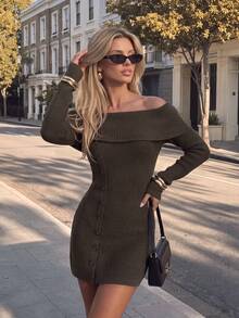 Nicenter Women's Fall Winter Dark Brown Off‑Shoulder Side Button Wool Blend Knit Bodycon Mini Dress Elegant Casual For Daily Party Fall Outfit For Women - Coffee Brown - View 1