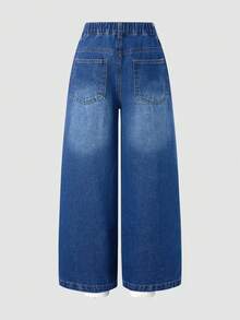 Girls' Blue Straight-Leg Jeans With Energetic Strawberry Print Accents, Personalized Distressed Details, Loose Straight Fit, Comfortable And Casual, Versatile And Timeless - Blue - View 3