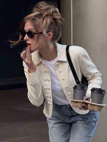 Women's Solid Color Lapel Front Button Long Sleeve Short Jacket, Spring/Autumn Casual Commute Outerwear - Apricot - View 6