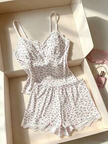 2pcs/Set Women's Elegant Pajama Set, Lace Embroidered V-Neck Button Decor Backless Top With Shorts, Comfortable Cute Floral Home Sleepwear Set - White - View 4