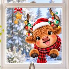 Cute Christmas Highland Cow Window Sticker, Christmas Hat Cow Window Sticker, Colorful Light Static Cling Sticker, No Glue Needed, Christmas Window Decoration, Holiday Glass Decoration - Christmas - View 1