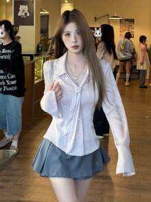 Women's Satin Collar Striped Waist Fitted Long Sleeve Blouse, Sweet & Spicy Style, Spring Pink - Pink - View 2