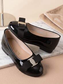 Spring/Autumn Girls' Shoes, Little Girls' Formal Dress Shoes, Elegant Bow Decor Children's Shoes, Comfortable Flat Black Loafers, Suitable For Daily School, Weddings And Other Occasions. - Black - View 5