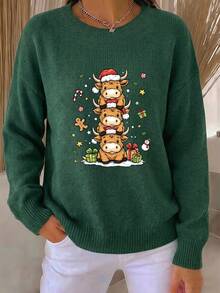 Plus Size Women Cute Bow Teddy Bear Print Loose Long Sleeve Pullover Sweater - Dark Forest Green - View 2