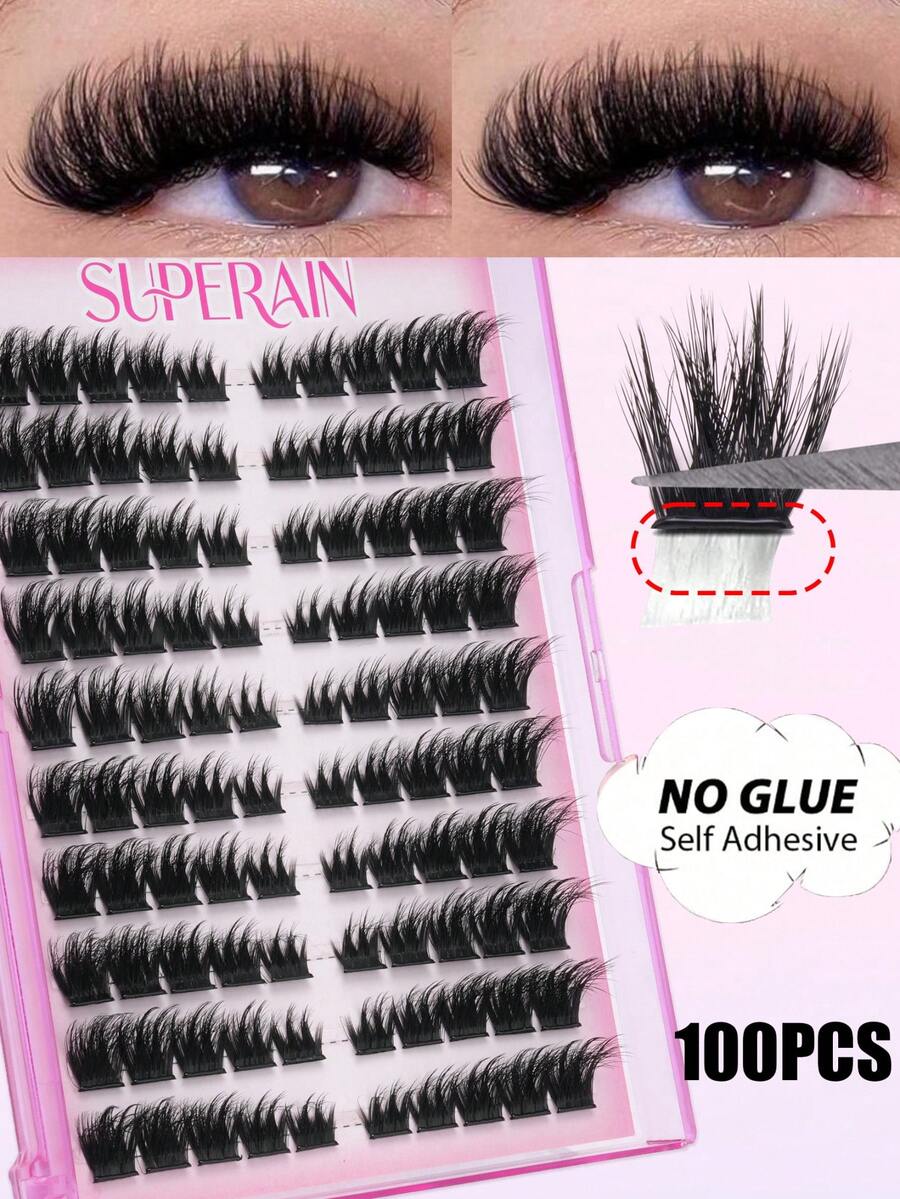 100 Pcs No-Glue 3D Volume Lashes, Black Thick Fire-Shape Tips Arranged For Dramatic Deep Eye Look, Self-Adhesive Easy Application, Great For Club Makeup, Stage Performances, And Glamorous Holiday Occasions. - D - View 1