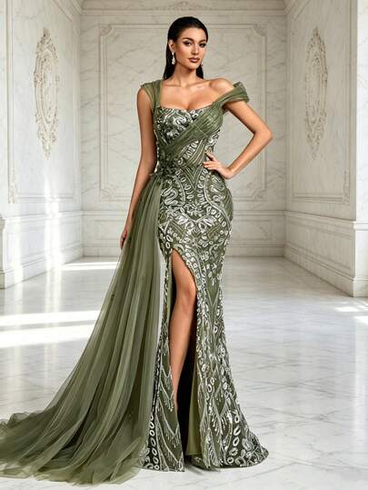 IBTRLY New Luxury Elegant Beaded Sequin Pearl Lace 3D Flower Decor Side Drape Mesh Flounce High Slit To Thigh Formal Evening Gown For Party Wedding Birthday Prom Graduation Homecoming Bachelorette Red Carpet Date