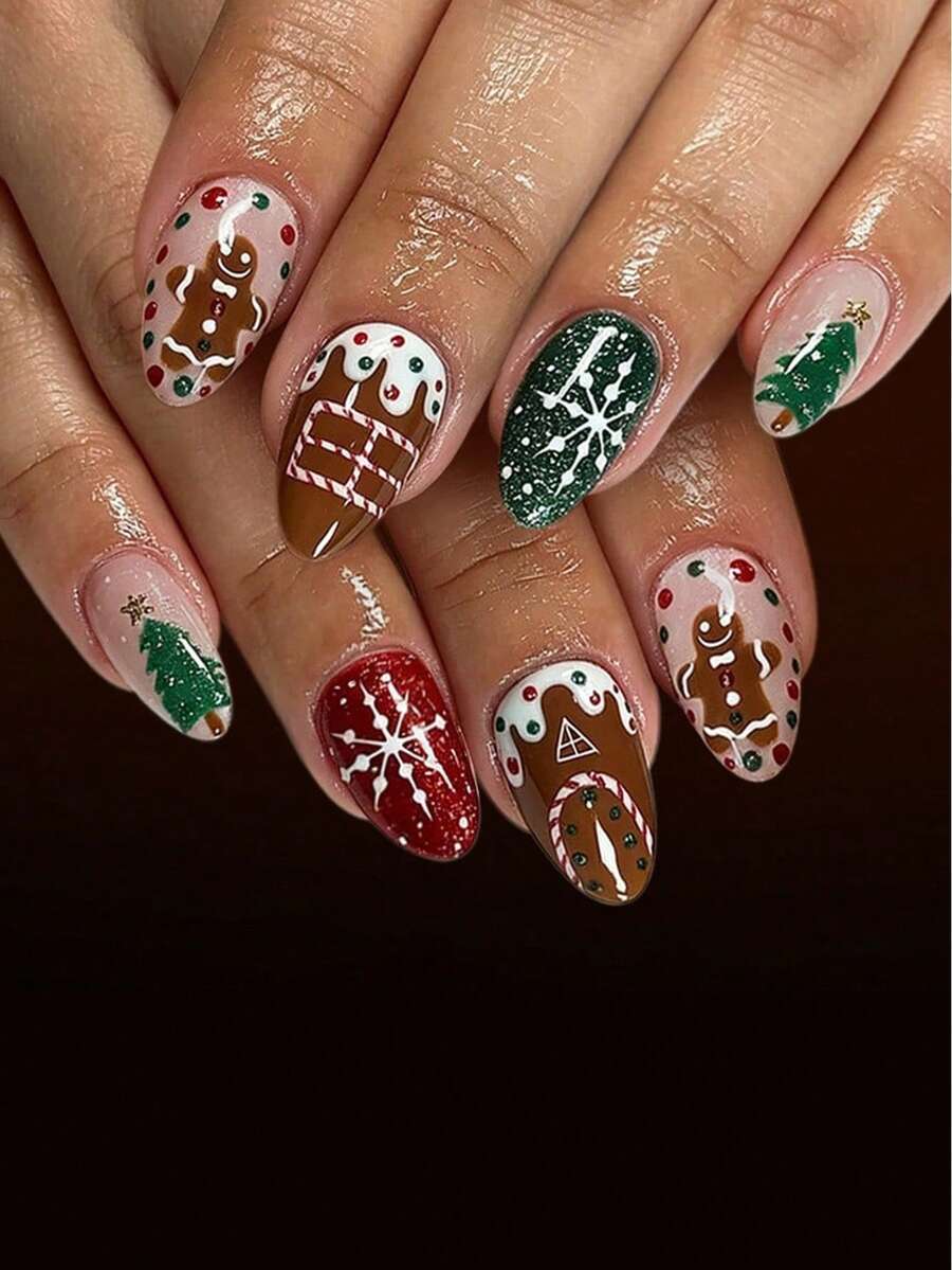 24pcs Almond Shaped Fake Nails, Christmas Design Featuring Christmas ...