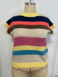 Colorful Striped Knit Sleeveless Tank Top, Loose Drop Shoulder Cropped Fit, Contrast Color Vibrant Youthful Design, Soft Skin-Friendly Versatile Style, Spring/Summer Casual Slimming Top - Multicolor - View 7