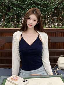 2pcs/Set Gaya Hot Girl: Tank Top Camisole Leher V Berlapis & Atasan Penutup Lengan Panjang Pelangsing untuk Wanita, Musim Gugur - Putih dan biru tua - View 6
