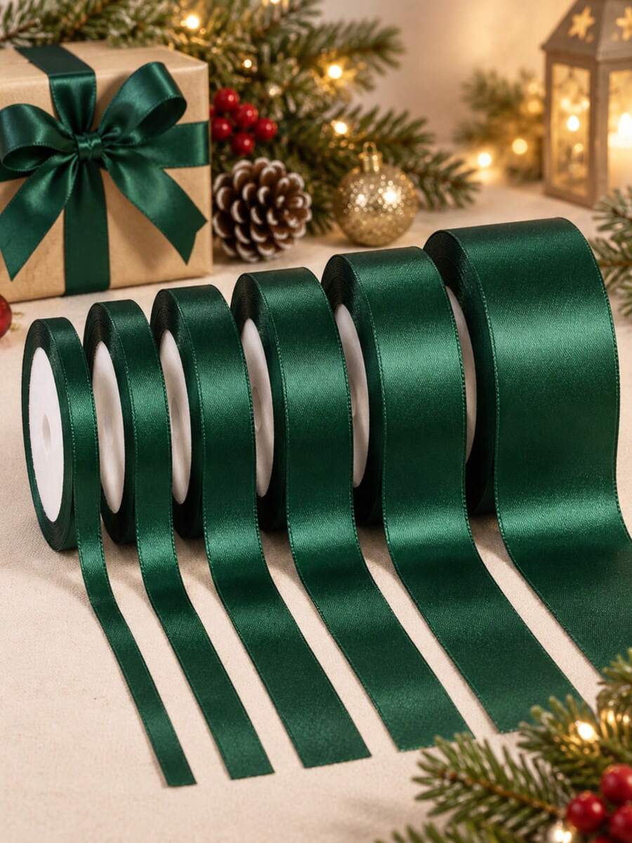 1 Roll 25 Yards Christmas Decorative Satin Ribbon, Emerald Green, Multiple Sizes Available, Suitable For DIY Crafts, Gift Wrapping, Bows, Parties, Weddings, Christmas Decorations - Jade Green - View 1