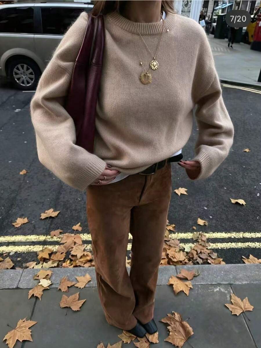 FOR BEAUTY Autumn/Winter New Arrival Girlish Round Neck Long Sleeve Knit Sweater, Women Loose Minimalist Versatile Drop Shoulder Pullover, New Year - Deep Flowering Apricot - View 1