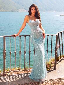 Women's Luxury Long Pearl Sequin Mermaid Formal Dress, Sleeveless Spaghetti Strap Bustier Design Zipper Dress, Suitable For Prom And Party - Mint Green - View 5